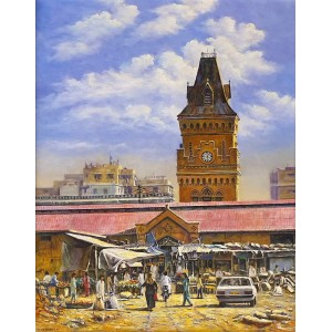 Hanif Shahzad, Empress Market - Karachi, 21 x 28 Inch, Oil on Canvas, Cityscape Painting, AC-HNS-067